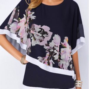 Womens Navy Blue Half Sleeve Floral Print Casual Tunic Top - L