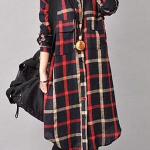 Women's Plaid Print Long Sleeve Black Long Casual Tunic Blouse - XL