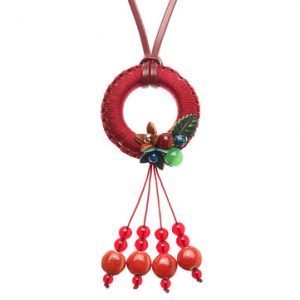 Women's Retro Necklace Leather Ethnic Agate Flower Ceramic Tassel Necklace