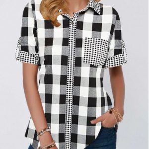 Women's Short Sleeve Shirt Chest Pocket Roll Tab Sleeve Pliad Print Shirt - XL