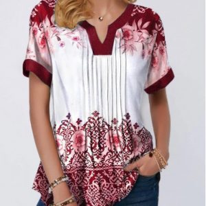 Women's Short Sleeve Top Split Neck Printed Crinkle Detail Blouse - L