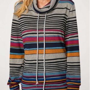 Women's Striped Casual Sweater Multi Stripe Long Sleeve Pile Collar Sweater - L