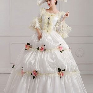 Women's Vintage Costume Victorian Ball Gown White Pageant Dress With Flowers Halloween