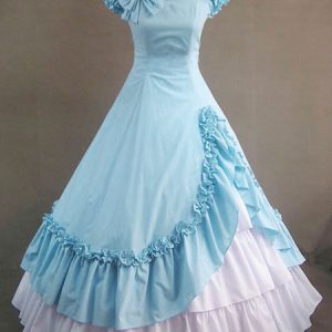 Women's Vintage Costume Victorian Blue Cotton Ruffle Retro Dress Halloween