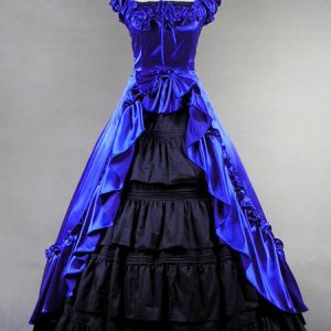 Women's Vintage Costume Victorian Blue Satin Ruffle Retro Maxi Dress Halloween