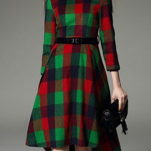 Wool Blend 3/4 Sleeve Plaid Midi Dress with Belt