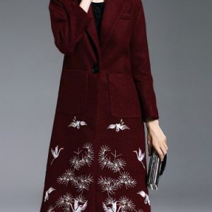 Wool Blend Long Sleeve Animal Embroidered Coat