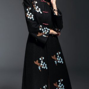 Wool Blend Long Sleeve Floral Vintage Buttoned Coat