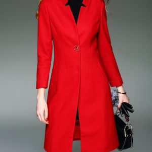 Wool Blend Red Long Sleeve Solid Coat With Pockets