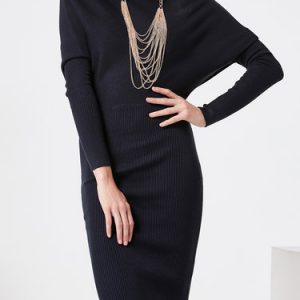 Wool Blend Stand Collar Elegant Batwing Sheath Sweater Dress