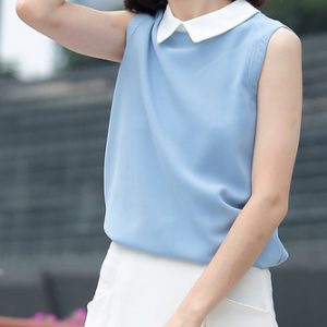 Work Sleeveless Shirt Collar Plain Chiffon Tanks