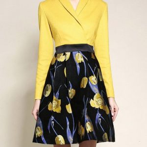 Yellow A-line Long Sleeve Floral Print Midi Dress