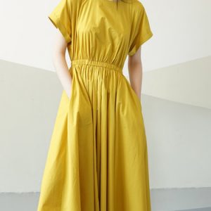 Yellow A-line Shirred Short Sleeve Solid Midi Dress