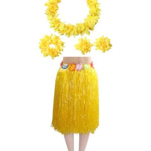 Yellow Beach Costumes Flowers Hula Skirt Wrist Corsage Headwear 4 Piece Costume Suit Halloween