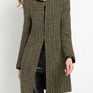 Yellow Checkered/Plaid Crew Neck Casual H-line Coat