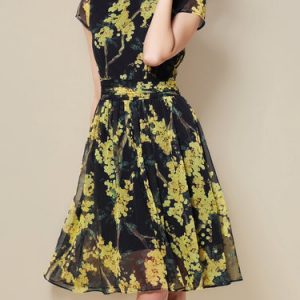 Yellow Chiffon Short Sleeve Printed Midi Dress