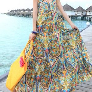 Yellow Chiffon Tribal V Neck Boho Maxi Dress