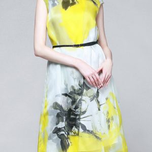 Yellow Crew Neck Floral-print Silk Sleeveless Midi Dress