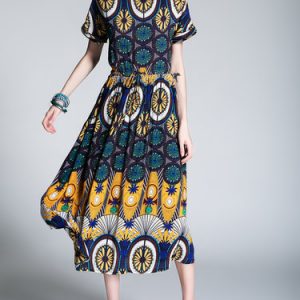 Yellow Crew Neck Printed Beach Midi Dress