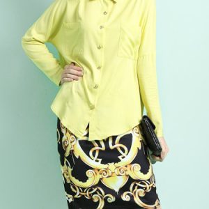 Yellow Cupro Buttoned Two Piece Buttoned Printed Long Sleeve Midi Dress