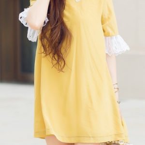 Yellow Embroidered Plain Silk Half Sleeve Mini Dress