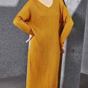 Yellow Halter Plain Long Sleeve Knitted Sweater Dress