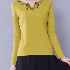 Yellow Long Sleeve Embroidered Floral T-Shirt