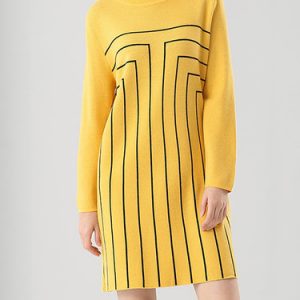 Yellow Long Sleeve H-line Geometric Crew Neck Mini Dress