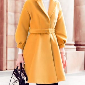 Yellow Long Sleeve Plain Gathered A-line Coat