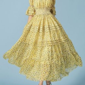 Yellow Off Shoulder Floral-print Vintage Frill Sleeve Swing Maxi Dress