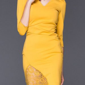 Yellow Paneled Cotton-blend 3/4 Sleeve Mini Dress