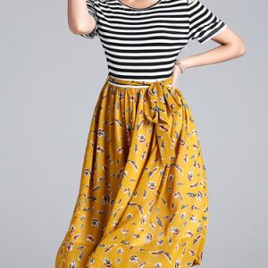 Yellow Paneled Short Sleeve Swing Stripes Midi Dress with Belt