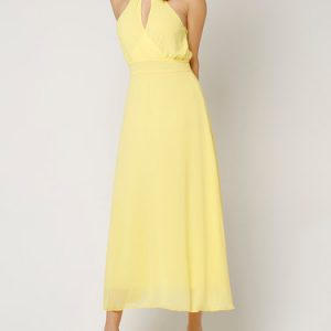 Yellow Plain Girly Sleeveless Halter Midi Dress