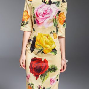 Yellow Printed 3/4 Sleeve Floral Midi Dress