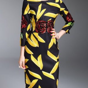 Yellow Printed 3/4 Sleeve Midi Dress