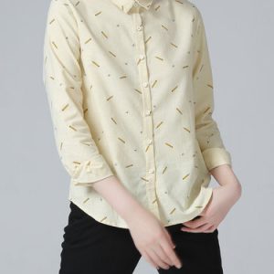 Yellow Printed Cotton-blend Long Sleeve Graphic Blouse