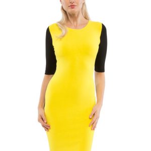 Yellow Sheath Color-block Elegant Midi Dress