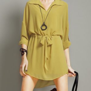 Yellow Shirred Simple Shirt Collar Mini Dress