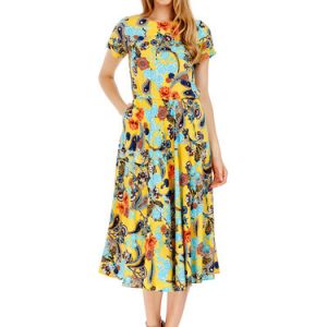 Yellow Short Sleeve Printed Crew Neck Midi Dress