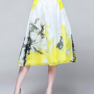 Yellow Silk Floral-print A-line Vintage Midi Skirt