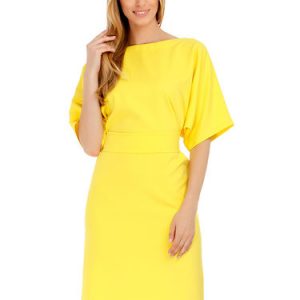 Yellow Solid Crew Neck H-line Half Sleeve Midi Dress with Belt