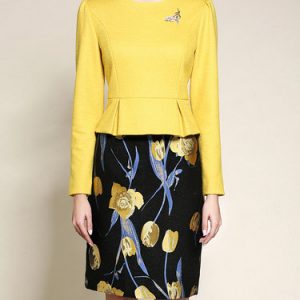 Yellow Two Piece Long Sleeve Floral Print Midi Dress