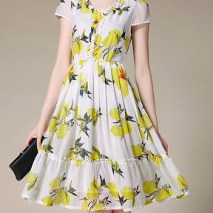 Yellow V Neck Ruffled Casual Printed Midi Dress