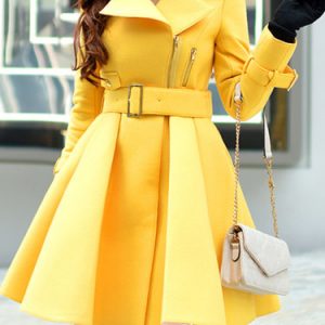 Yellow Zipper V Neck Wool Blend Long Sleeve Trench Coat