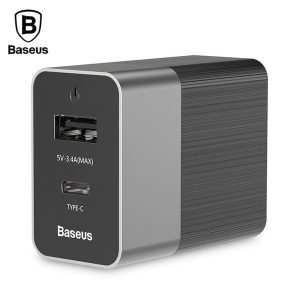 baseus duke type-c pd usb dual output travel charger 5v / 3.4a aluminum alloy 15w