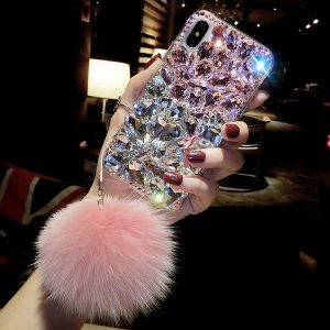 bling crystal diamond fox fur ball pendant case cover for iphone 11 pro max xs max xr x 8 7 6s plus samsung galaxy note 10 9 8 s10e/9/8 plus