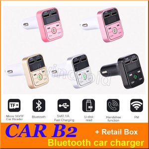 car b2 multifunction bluetooth transmitter 2.1a dual usb car charger fm mp3 player car kit support tf card hands+ retail box