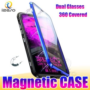 double glass magnetic adsorption metal phone case for iphone 11 pro max xr xs 8 full coverage aluminum alloy frame with tempered glass