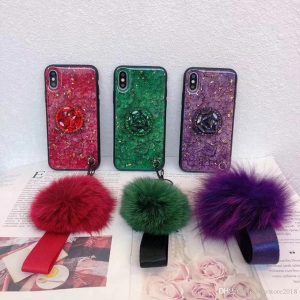 ell note10pro glitter diy fur hair ball+crystal bracket+strap phone case for samsung s8 s9 s10 plus note 8 9 cover hot