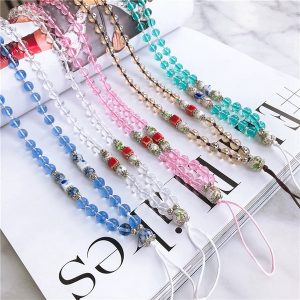 fashion blue and white porcelain crystal bead chain mobile phone lanyard factory direct sale transparent glass beaded long hanging neck rope